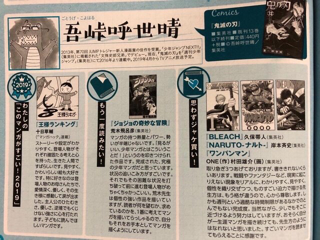 悲報 吾峠呼世晴 好きな漫画ですか Naruto Bleach ワン パンマン 雑なまとめ